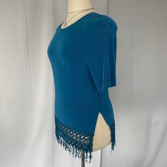 Vintage Top Size Large Blue Solid Lace Fringe Hem Boho Casual Stretch Y2K 90s - Picture 7 of 13